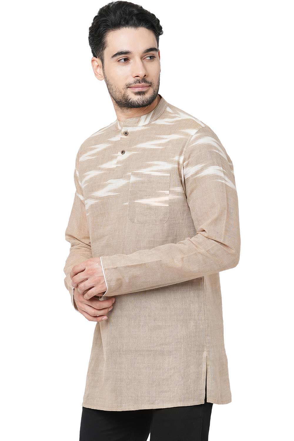 Men's Rust Color Handloom Cotton Half Ikkat Weave Men Short Kurta