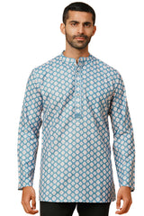 Men's Blue Poly Cotton Plain Solid Short Kurta