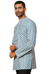 Men's Blue Poly Cotton Plain Solid Short Kurta