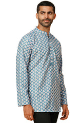 Men's Blue Poly Cotton Plain Solid Short Kurta