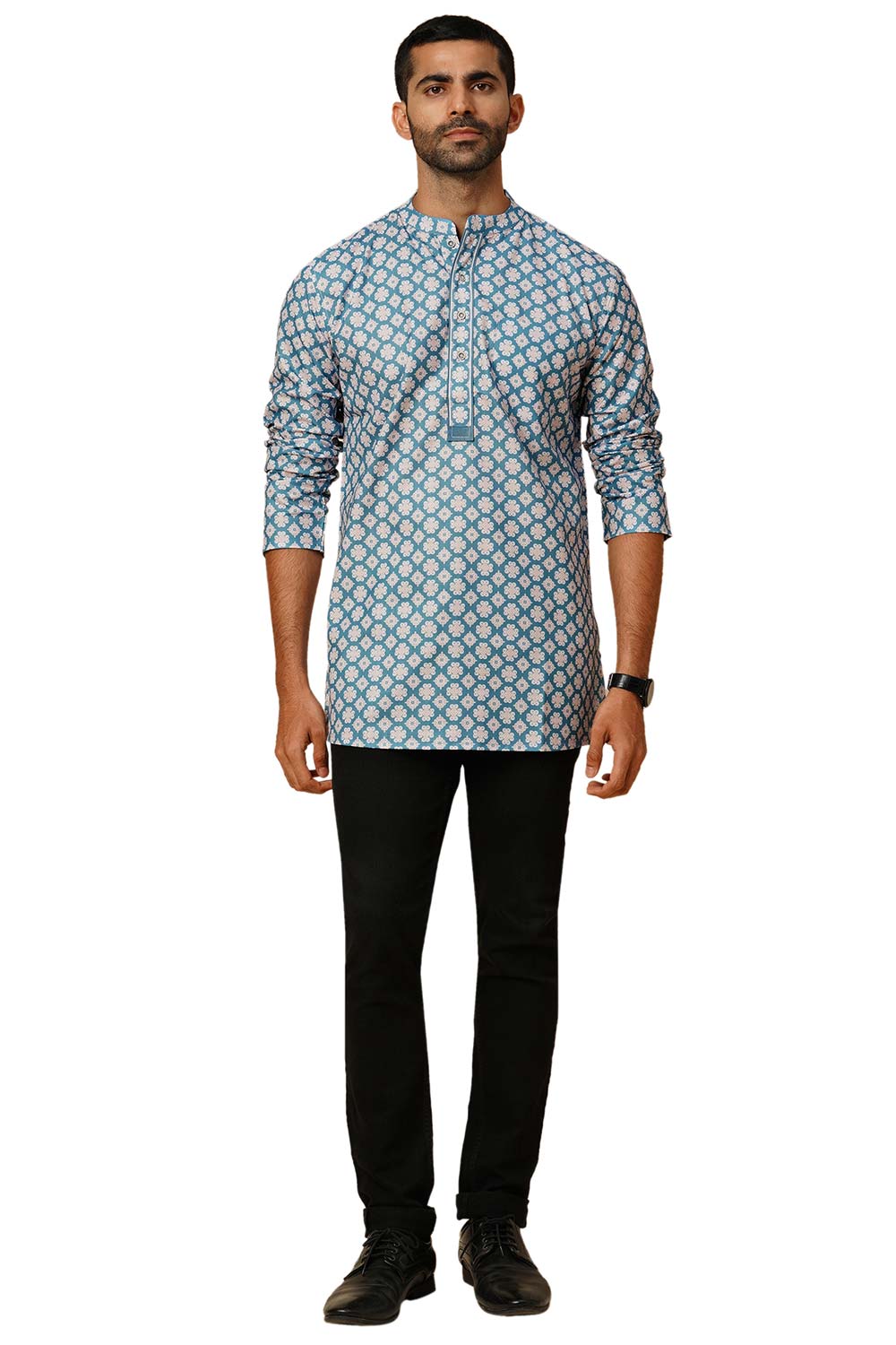 Men's Blue Poly Cotton Plain Solid Short Kurta