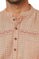 Men's Peach Cotton Embroidery Short Kurta
