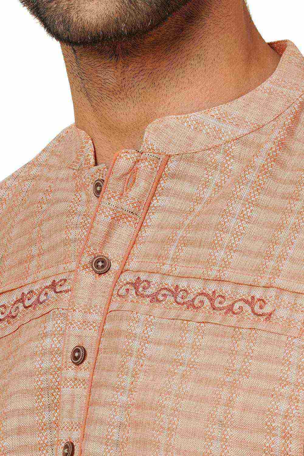 Men's Peach Cotton Embroidery Short Kurta