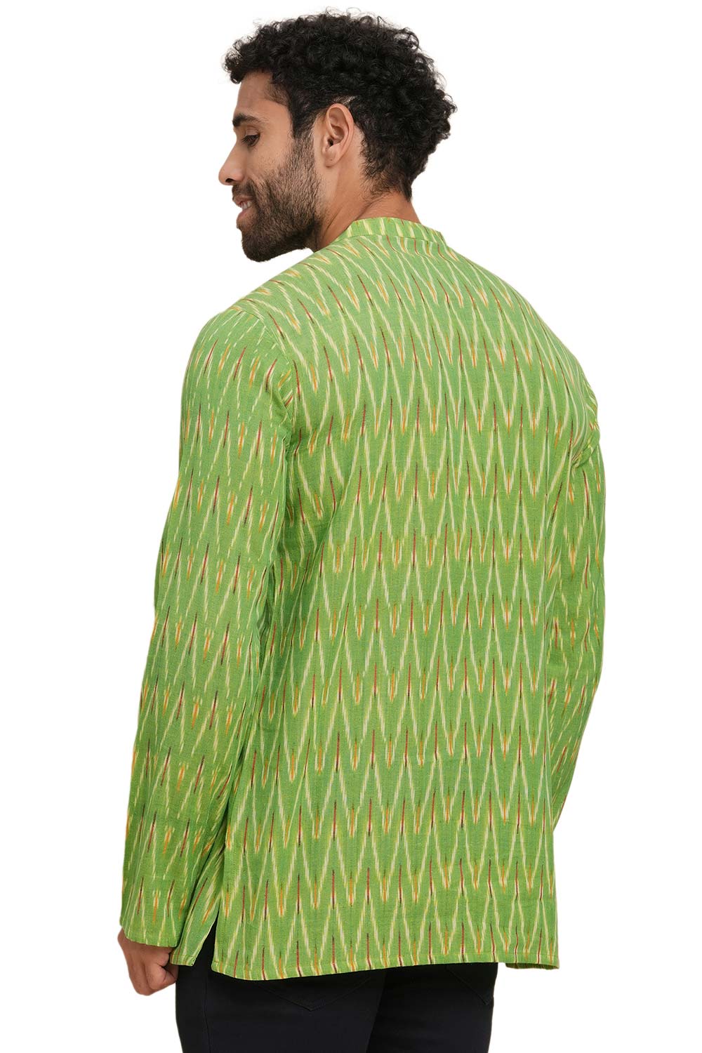 Men's Light Green Cotton Ikkat Weave Short Kurta