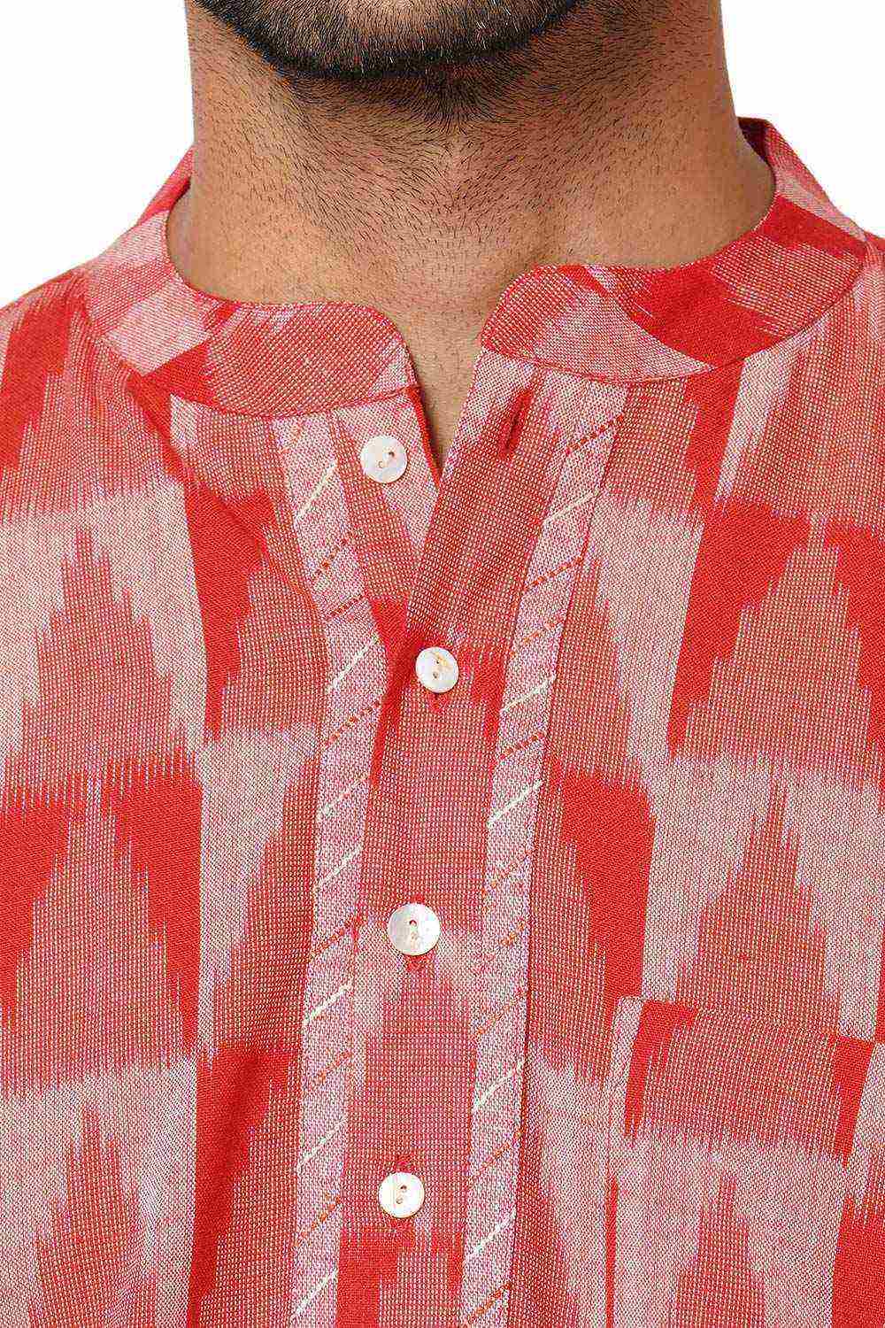 Men's Red Cotton Ikkat Weave Short Kurta