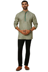 Men's Aqua Green Cotton Block Printed Short Kurta