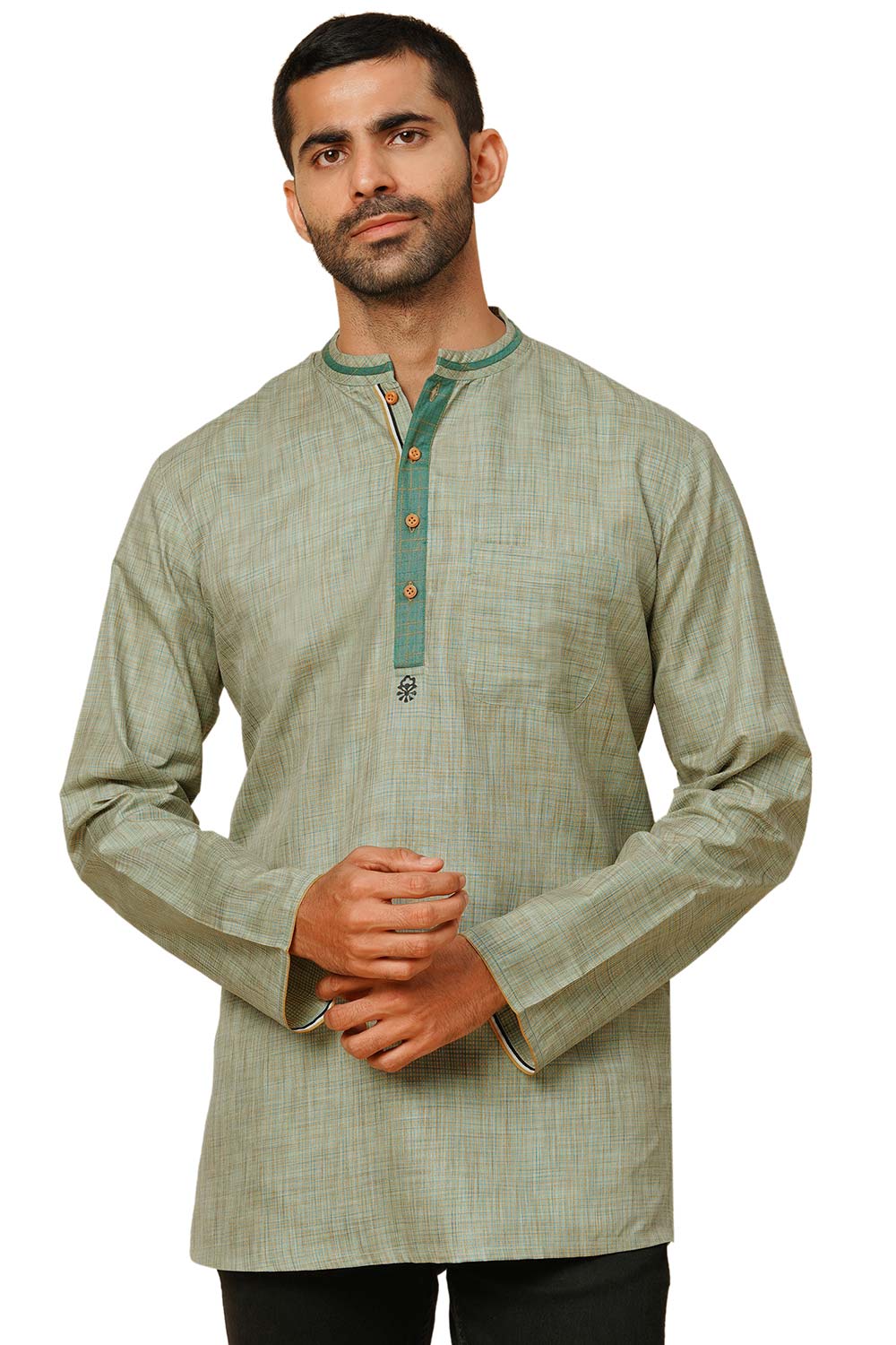 Men's Aqua Green Cotton Block Printed Short Kurta