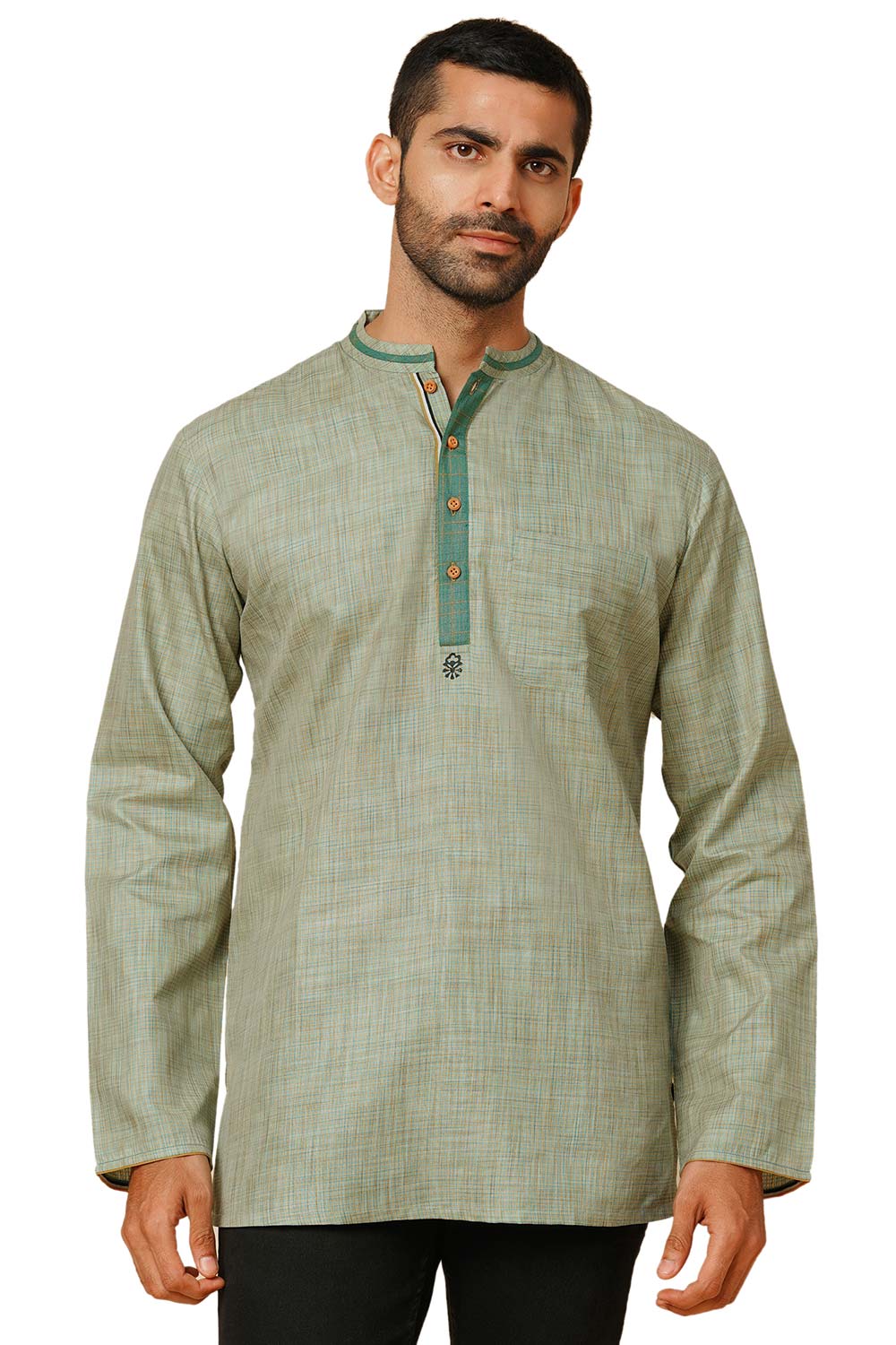 Men's Aqua Green Cotton Block Printed Short Kurta