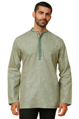 Men's Aqua Green Cotton Block Printed Short Kurta