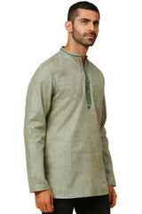 Men's Aqua Green Cotton Block Printed Short Kurta