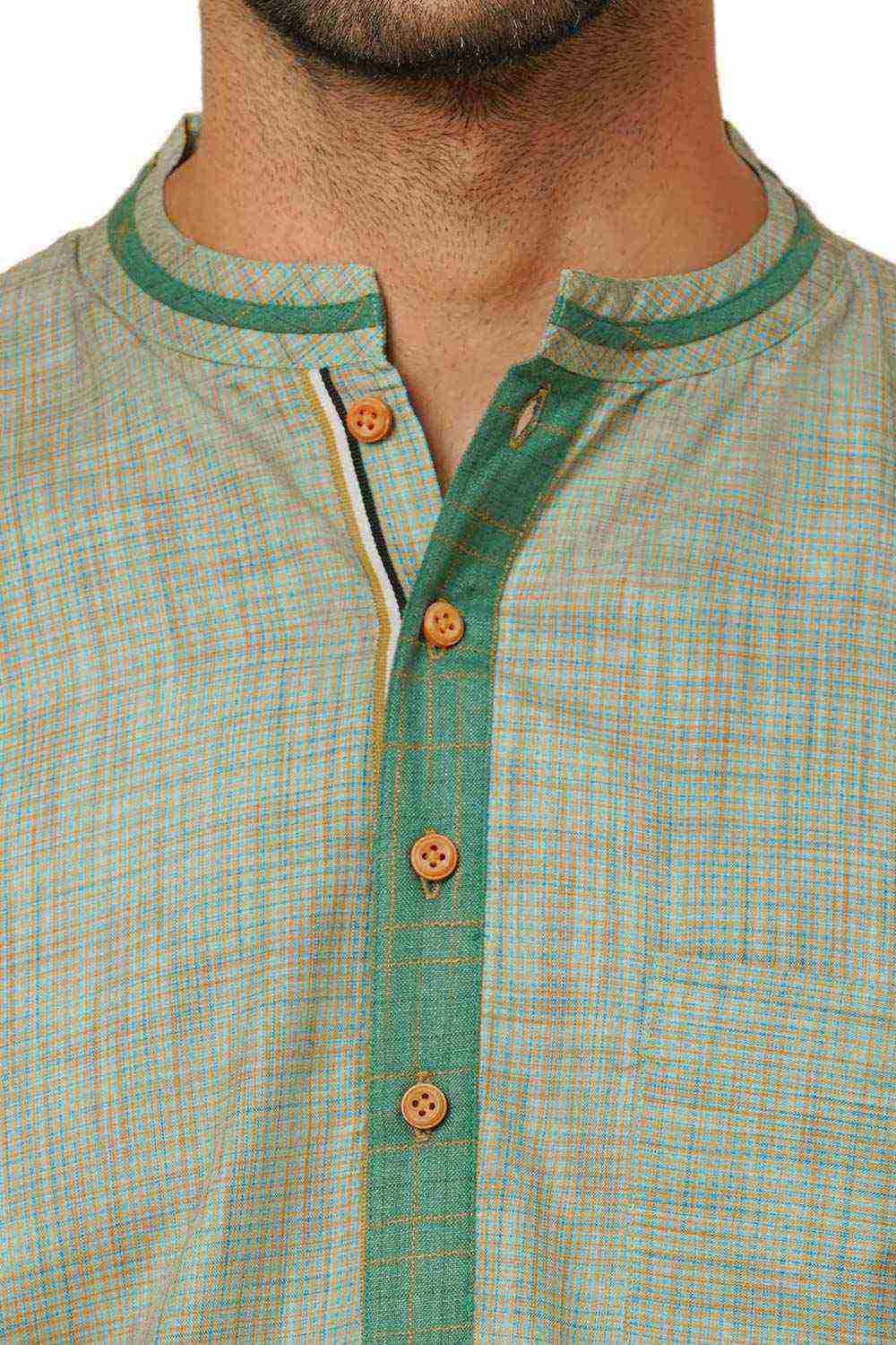 Men's Aqua Green Cotton Block Printed Short Kurta