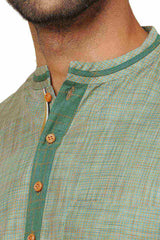 Men's Aqua Green Cotton Block Printed Short Kurta