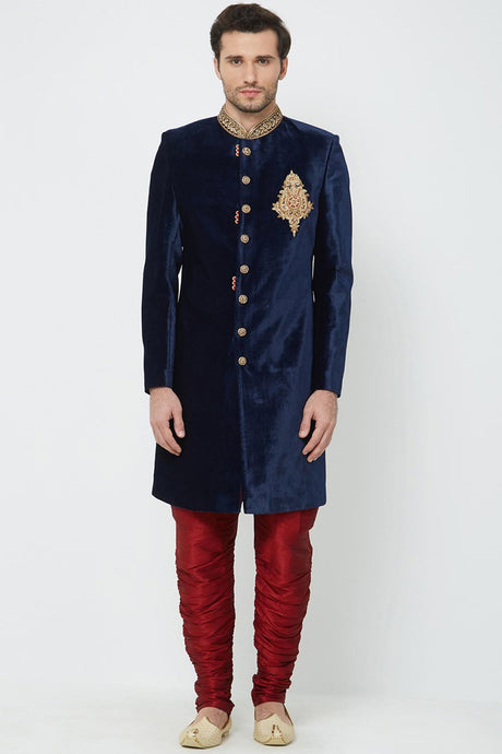 Buy Men's Velvet Embroidery  Sherwani Set in Navy Blue  Online