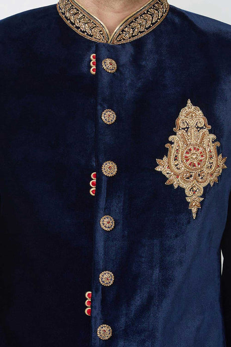 Buy Men's Velvet Embroidery  Sherwani Set in Navy Blue  Online - Back