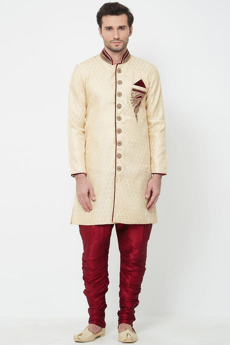 Buy Men's Brocade Embroidery  Sherwani Set in Cream  Online