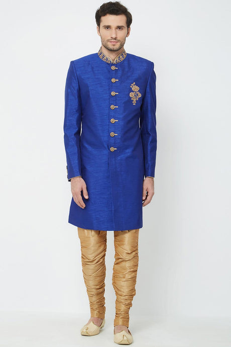 Buy Men's Art Silk  Embroidery  Sherwani Set in Royal Blue  Online