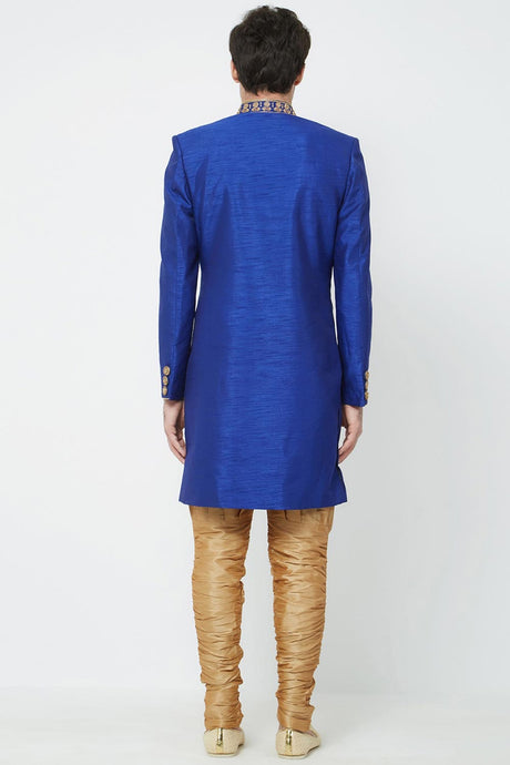 Buy Men's Art Silk  Embroidery  Sherwani Set in Royal Blue  Online - Back