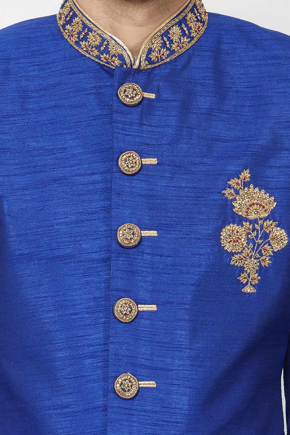 Buy Men's Art Silk  Embroidery  Sherwani Set in Royal Blue  Online - Front