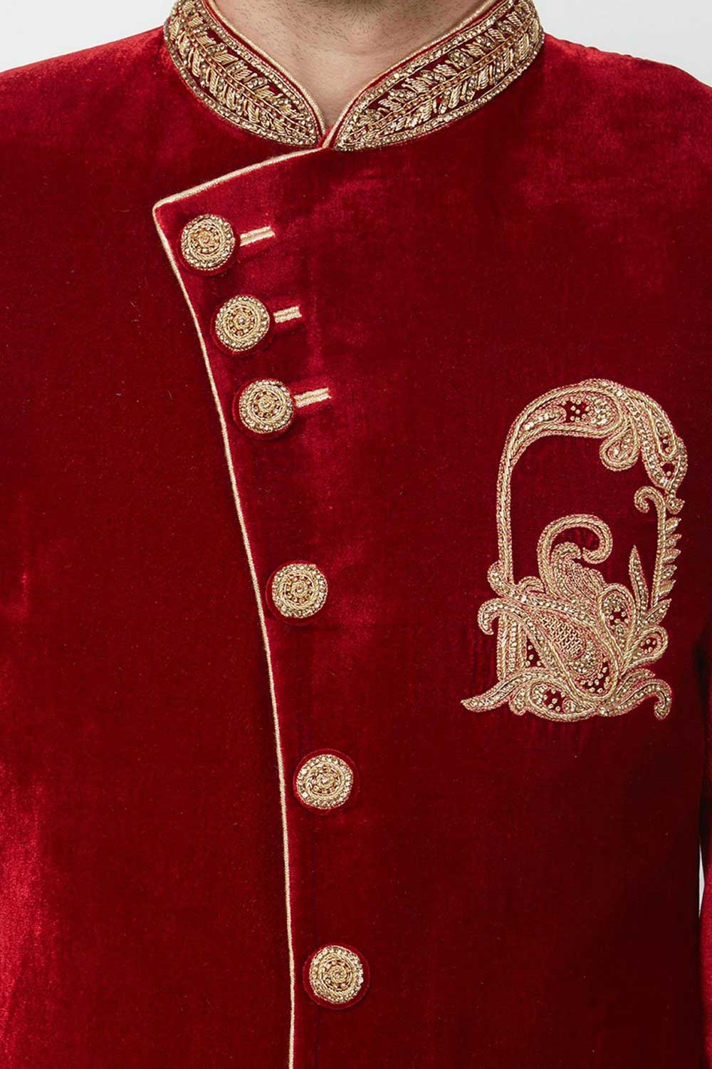 Buy Men's Velvet  Embroidery  Sherwani Set in Maroon  Online - Front