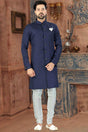 Buy Men's Silk Blend  Solid Sherwani Set in Navy Blue Online