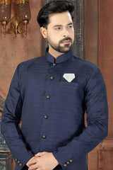 Buy Men's Silk Blend  Solid Sherwani Set in Navy Blue Online - Back