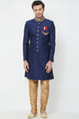 Buy Men's Silk Blend  Embroidery  Sherwani Set in Navy Blue Online