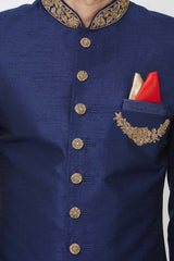 Buy Men's Silk Blend  Embroidery  Sherwani Set in Navy Blue Online - Front