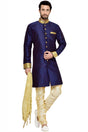 Buy Men's Silk Blend  Solid Sherwani Set in Navy Blue Online