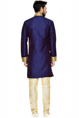 Buy Men's Silk Blend  Solid Sherwani Set in Navy Blue Online - Back