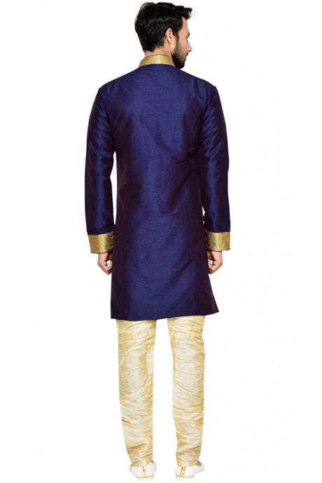 Buy Men's Silk Blend  Solid Sherwani Set in Navy Blue Online - Back