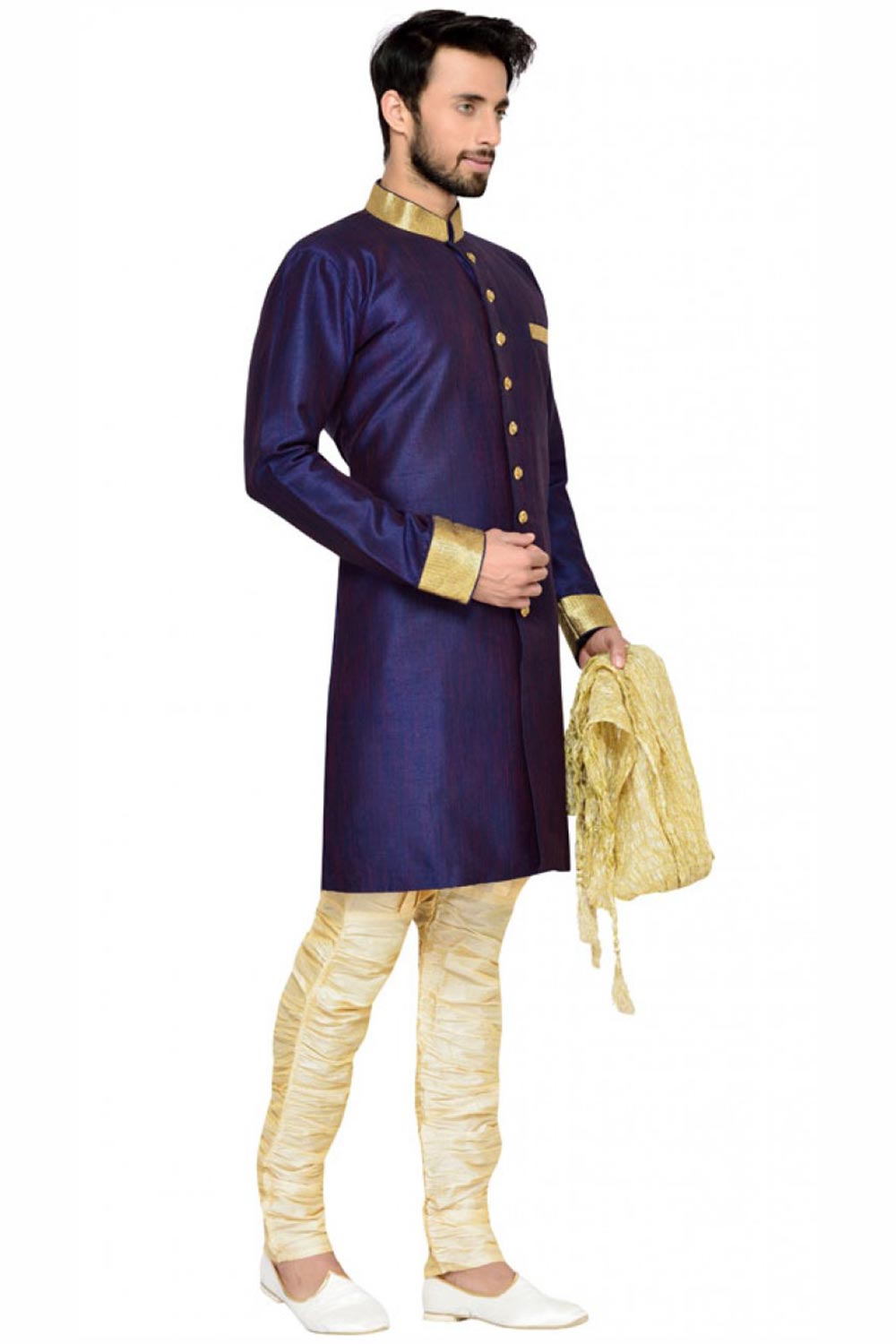 Buy Men's Silk Blend  Solid Sherwani Set in Navy Blue Online - Front