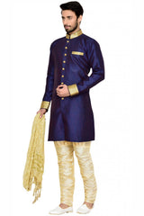 Buy Men's Silk Blend  Solid Sherwani Set in Navy Blue Online - Side