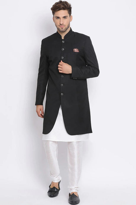 Buy Men's Art Silk  Solid Sherwani Set in Black  Online