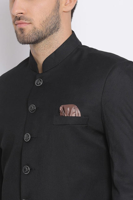 Buy Men's Art Silk  Solid Sherwani Set in Black  Online - Back