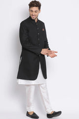 Buy Men's Art Silk  Solid Sherwani Set in Black  Online - Front