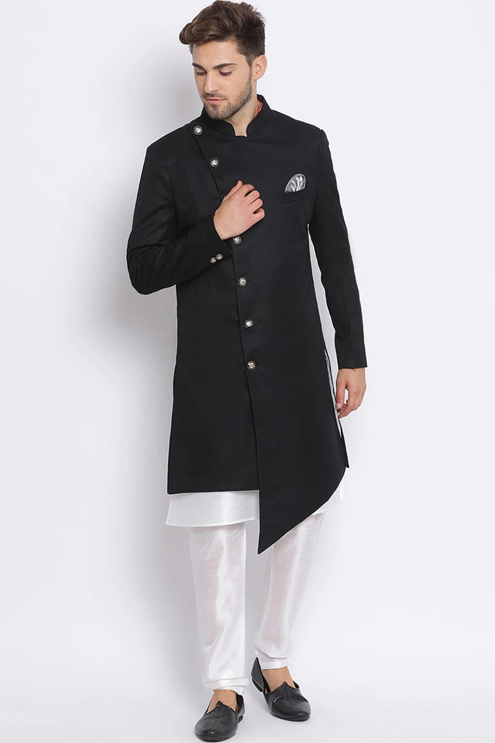 Buy Men's Art Silk  Solid Sherwani Set in Black  Online