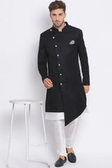 Buy Men's Art Silk  Solid Sherwani Set in Black  Online - Back