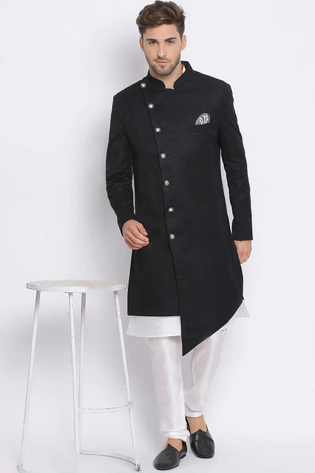 Buy Men's Art Silk  Solid Sherwani Set in Black  Online - Back
