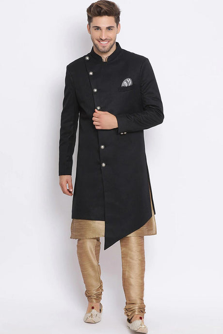 Buy Men's Art Silk  Solid Sherwani Set in Black  Online