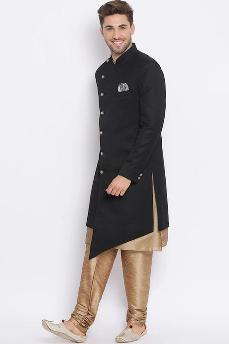 Buy Men's Art Silk  Solid Sherwani Set in Black  Online - Back