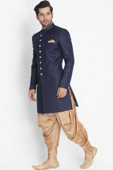 Buy Men's Art Silk  Solid Sherwani Set in Blue  Online - Back