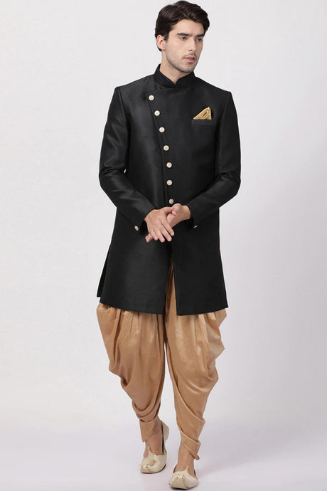 Buy Men's Silk Blend  Solid Sherwani Set in Black Online