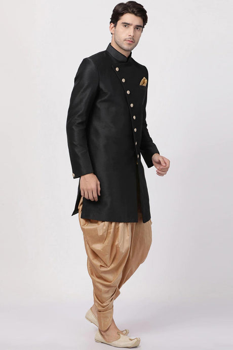 Buy Men's Silk Blend  Solid Sherwani Set in Black Online - Back