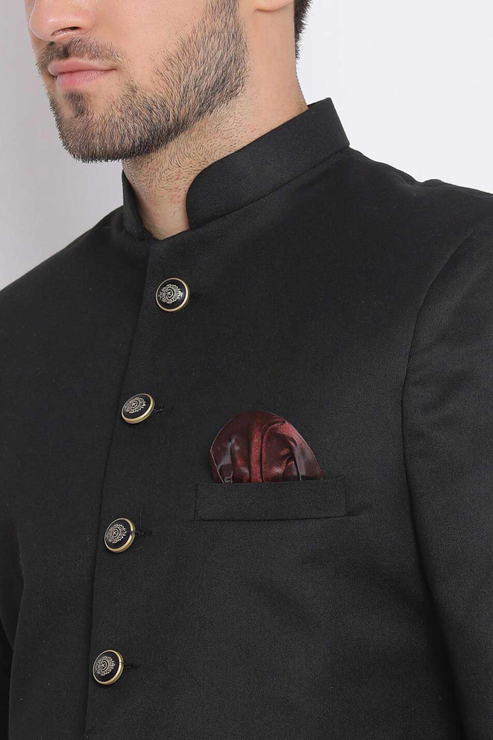 Buy Men's Art Silk  Solid Sherwani Set in Black  Online - Side