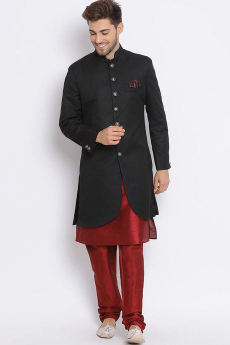 Buy Men's Art Silk  Solid Sherwani Set in Black  Online