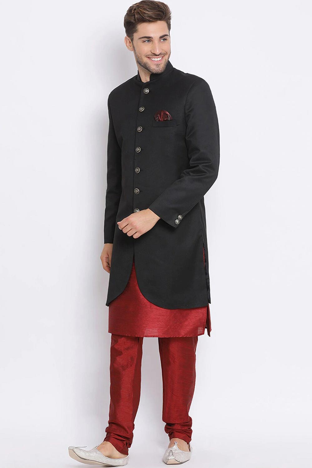 Buy Men's Art Silk  Solid Sherwani Set in Black  Online - Back