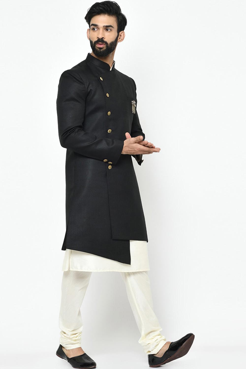 Buy Men's Art Silk  Solid Sherwani Set in Black Online