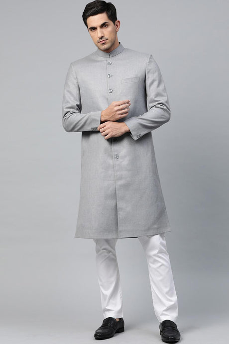 Buy Men's Art Silk  Solid Sherwani Set in Grey  Online - Back