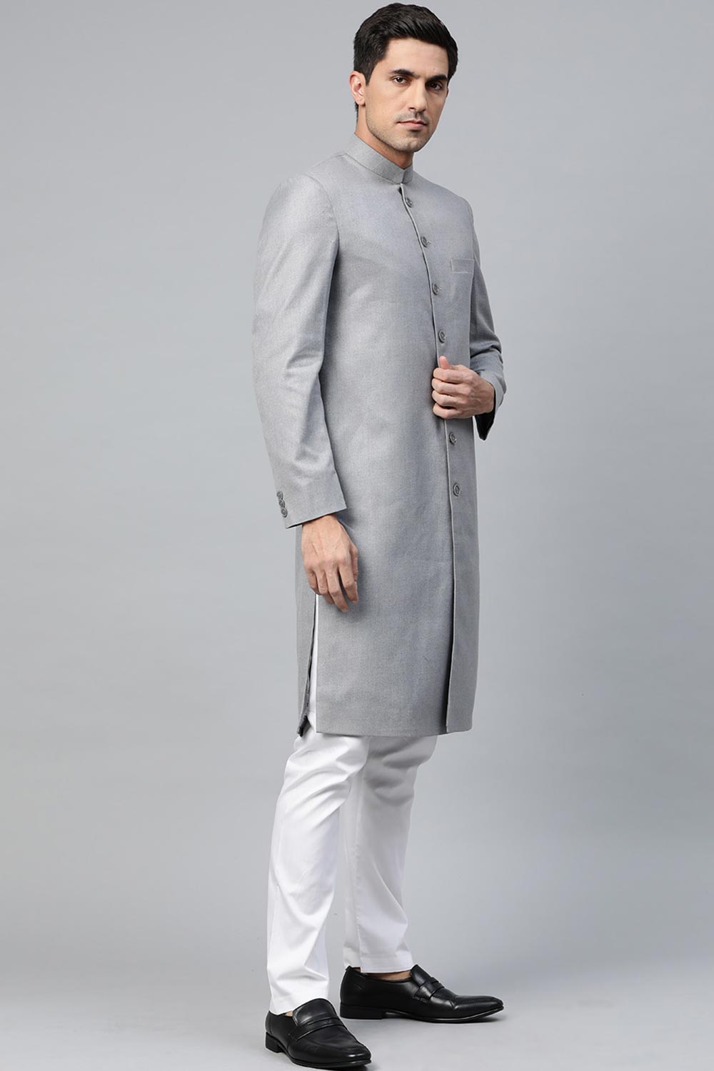 Buy Men's Art Silk  Solid Sherwani Set in Grey  Online - Front