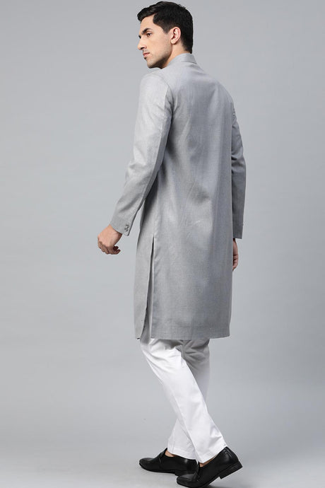 Buy Men's Art Silk  Solid Sherwani Set in Grey  Online - Side